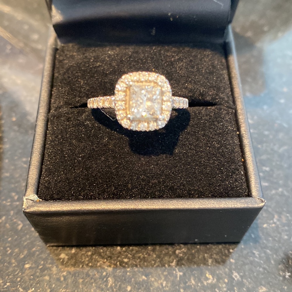 14k white gold band- 2CTW Diamond Bridal set. Princess cut with Halo with papers